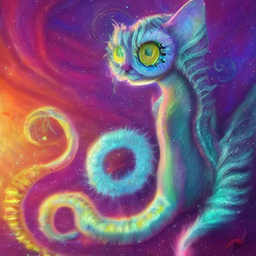 Image similar to cat seahorse shapeshifter, long haired humanoid weirdcore voidpunk fursona, detailed coherent painterly digital art by delphin enjolras, wlop, louis wain, lisa frank, furaffinity, cgsociety, trending on deviantart