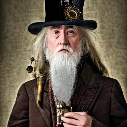 Image similar to steampunk dumbledore, professional portrait photography