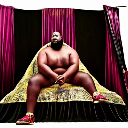 Image similar to Large black man sitting on throne wrapped in silk, background made of large folding curtains, blacklight lighting, dark, hyper detailed, hyper realistic, 8K phot realistic,