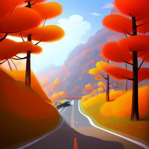 Image similar to Goro Fujita ilustration a road that goes down from the top of the mountain giving curves in autumn, painting by Goro Fujita, sharp focus, highly detailed, ArtStation