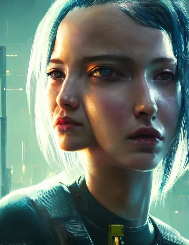 Image similar to close face portrait of a young female waitress as cyberpunk 2 0 7 7 concept art, art by ryo shiotani and greg rutkowski, intricate, beautiful, cute, cinematic lighting, vintage art by serge ivanoff, high resolution, very detailed