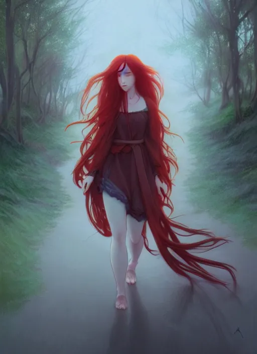 Image similar to pretty young woman with long red hair walking in the darkness, path traced, highly detailed, high quality, digital painting, by studio ghibli and alphonse mucha, leesha hannigan, makoto shinkai, disney