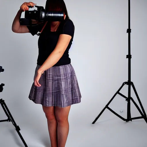 Prompt: woman wearing skirt taking a photograph with a studio camera