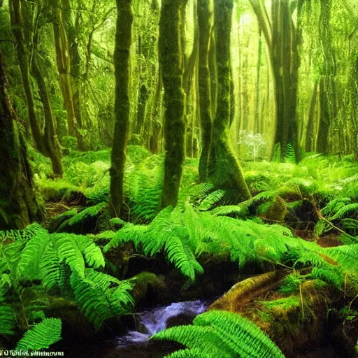 Image similar to 1 0 round pools of water in an open forest, the wood between the worlds, narnia, cs lewis, lush green forest, moss and ferns, ferns,