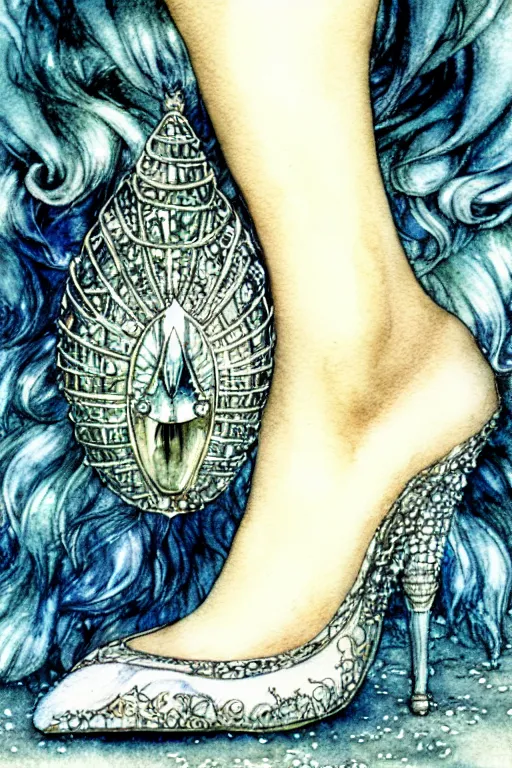 Image similar to closeup foot shot of cinderella crystal slipper, fantasy art, trending on artstation, sleeping beauty fairytale, art by luis royo and walter crane and kay nielsen, watercolor illustration,