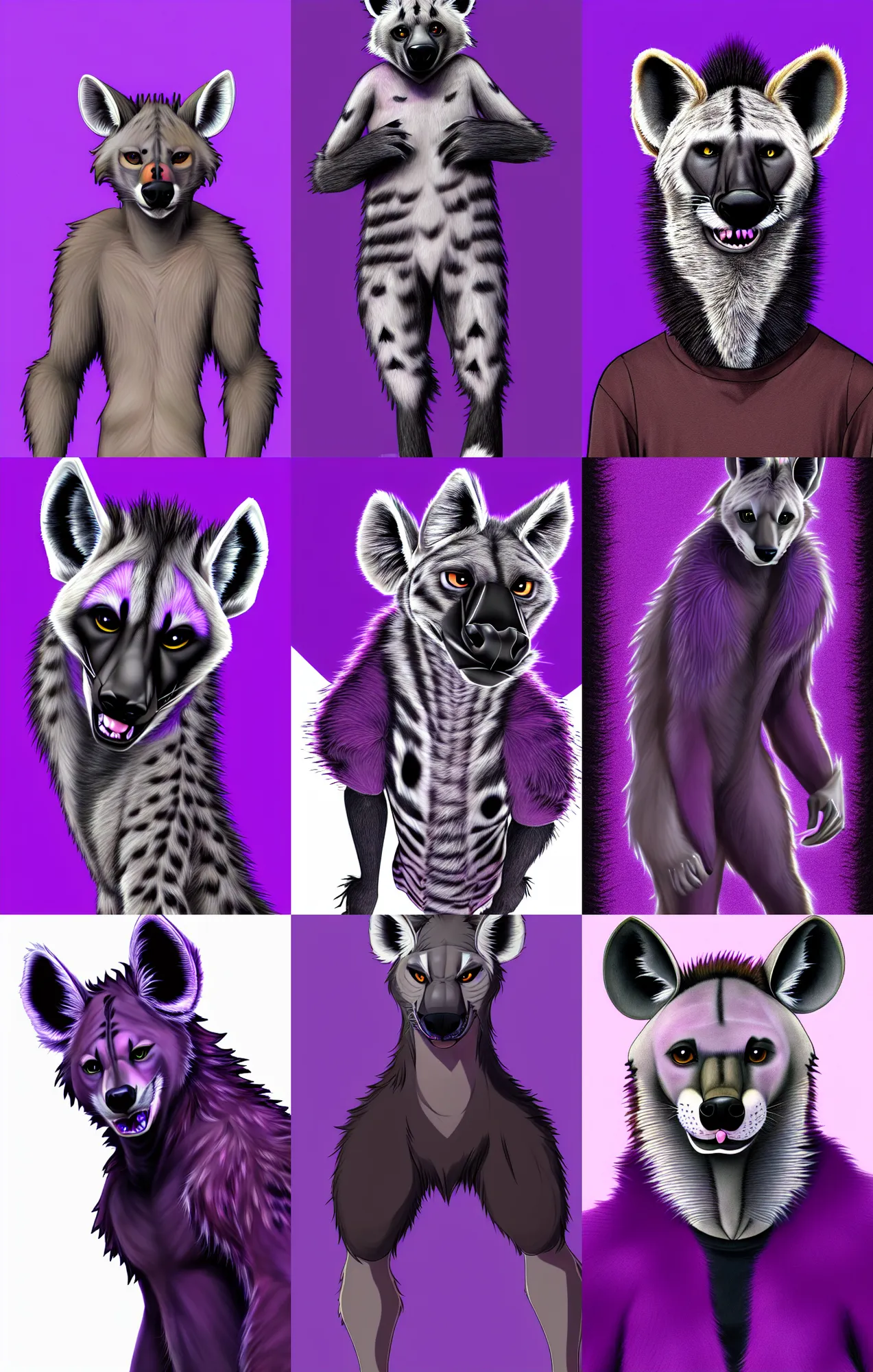 Image similar to a full - body centered front - perspective furry male fursona portrait, a male hyena fursona, purple and black fur color scheme, trending on weasyl, high - resolution, photorealistic