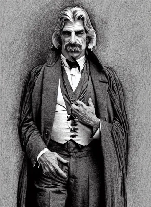 Image similar to hyperrealist pencil sketch of sam elliott as dracula by david malan and alphonse mucha, fantasy art, drawing, fangs, dynamic lighting, artstation, poster, volumetric lighting, very detailed faces, 4 k, award winning