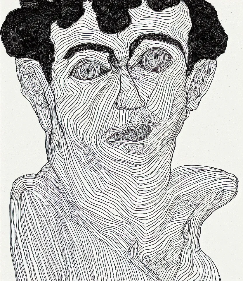 Image similar to detailed line art portrait of allens ginsberg, inspired by egon schiele. caricatural, minimalist, bold contour lines, musicality, soft twirls curls and curves, confident personality, raw emotion