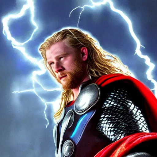 Image similar to Young Thor Hammer with lightning, dramatic lighting,highly detailed