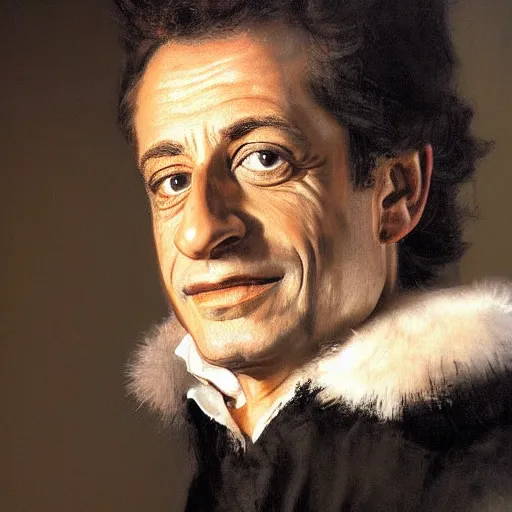 Prompt: painting portrait of Nicolas Sarkozy by Rembrandt, hyperrealism very detailed