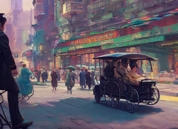 Image similar to an oligarch riding rickshaw-wagon being pulled by crowd of tired poor people in a Mandelbrot fractal modern city by Craig Mullins, ilya kuvshinov, krenz cushart, artgerm trending on artstation by Edward Hopper and Dan Mumford and WLOP and Rutkovsky, Unreal Engine 5, Lumen, Nanite