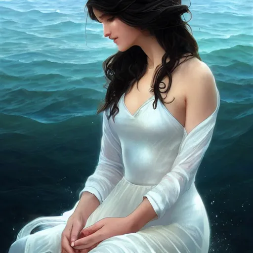 Image similar to A beautifull woman with long dark hair dressing a transparent white dress siting on a piano forte in the sea with Waves surrounding her, highly detailed, digital painting, artstation, concept art, sharp focus, illustration, art by artgerm and greg rutkowski and alphonse mucha