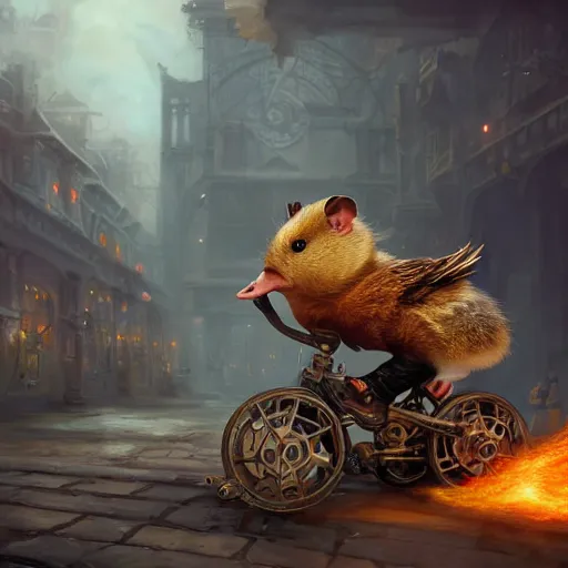 Image similar to hamster riding giant duck, oil painting, steampunk clothes, steampunk city background, sharp focus, fantasy style, octane render, volumetric lighting, 8k high definition, by greg rutkowski, highly detailed, trending on art Station, magic the gathering artwork explosions, centered