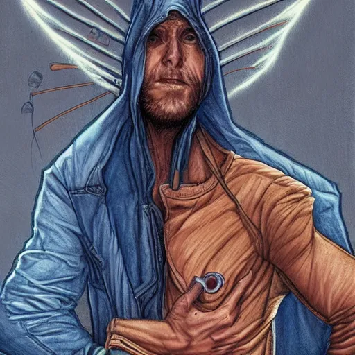 Prompt: ripped physique telekinesis man disguised as a mosquito whilst wearing a denim jacket leonardo da vinci jean sebastien rossbach jeff easley jen bartel staedtler