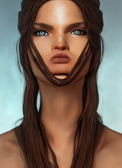 Image similar to Beautiful Goddess with long brown hair and brown skin brown eyes wearing leather armor by Ilya Kushvikov, symmetrical face concept art hyperrealism, Pouty expression, artstation