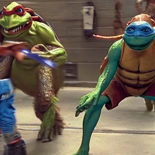 Prompt: jar jar Binks fighting the teenage mutant ninja turtles