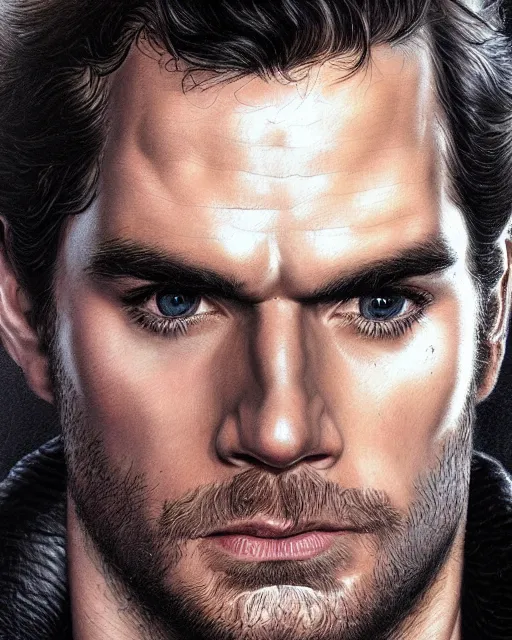 Image similar to portrait of henry cavill, gritty, dark, wearing a leather jacket, very detailed eyes, hyperrealistic, very detailed painting by Glenn Fabry, by Joao Ruas, by Artgerm