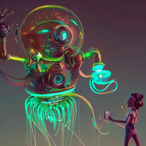 Image similar to Tintoy Characterdesign Robot neon jellyfish tentacles anr wires hard surface modelling, by Eddie Mendoza, by Peter mohrbacher, Pictoplasma bioluminescent biomechanical halo, by jarold Sng, by disney, by tooth wu, octane render, cinematic light, high details, dichroic, cgsociety