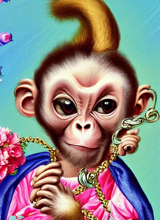 Prompt: baroque rococo painting Royal Holy Fancy Baby Monkey Hildebrandt Lisa Frank high detail cute adorable whimsical up close simian ape monkey ribbon