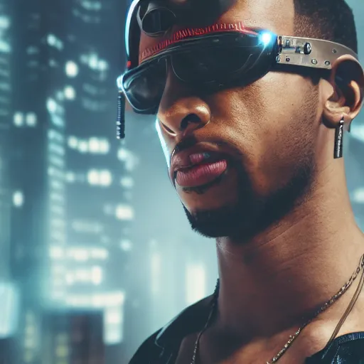 Image similar to hero angle of cyberpunk Ludacris, highly detailed, sharp focus, cyberpunk style, cyborg, futuristic, 8k, 35mm, cinematic lighting