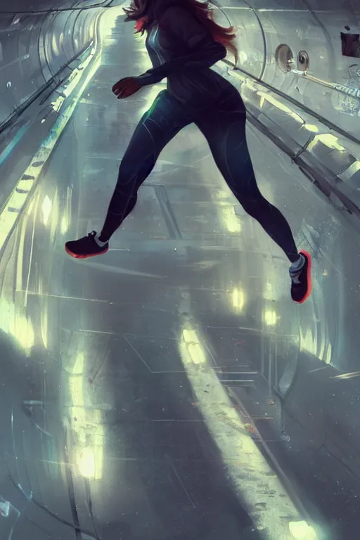 Image similar to cute girl running in hadron collider tunnel, by greg rutkowski and raymond swanland, sharp focus, trending on artstation, cinematic lighting