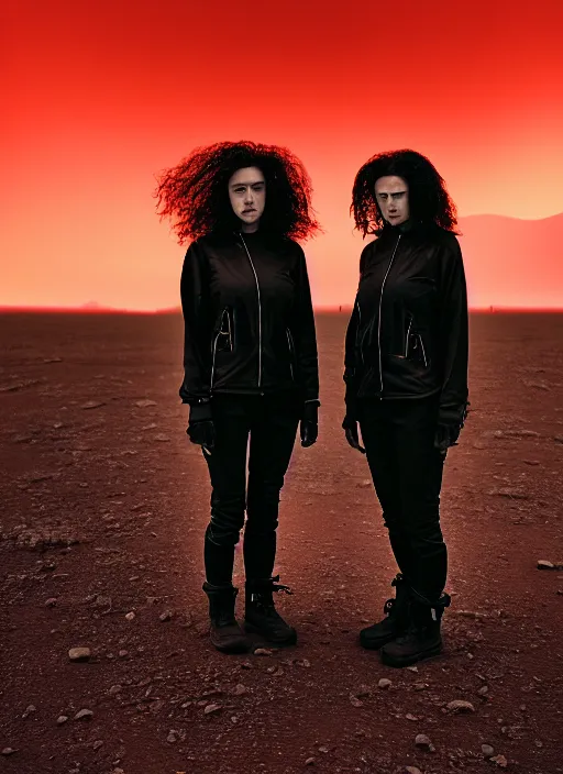 Image similar to cinestill 5 0 d photographic portrait of two loving clones, women wearing rugged black techwear on a desolate plain with a red sky, closeup, diverse species, cyberpunk, in front of a brutalist dark metal facility, dust storm, 3 5 mm, 8 k, depth of field, high resolution, ultra realistic faces