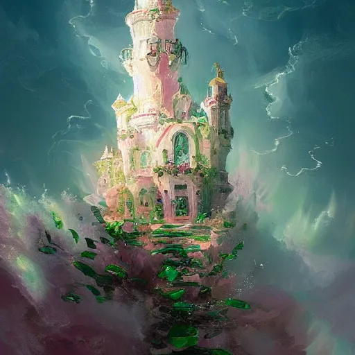 Prompt: a delicate ornate white fantasy tower with pink and green decoration splashes upwards from a turbulent ocean, dramatic lighting, rich colors, beautiful oil painting, artstation