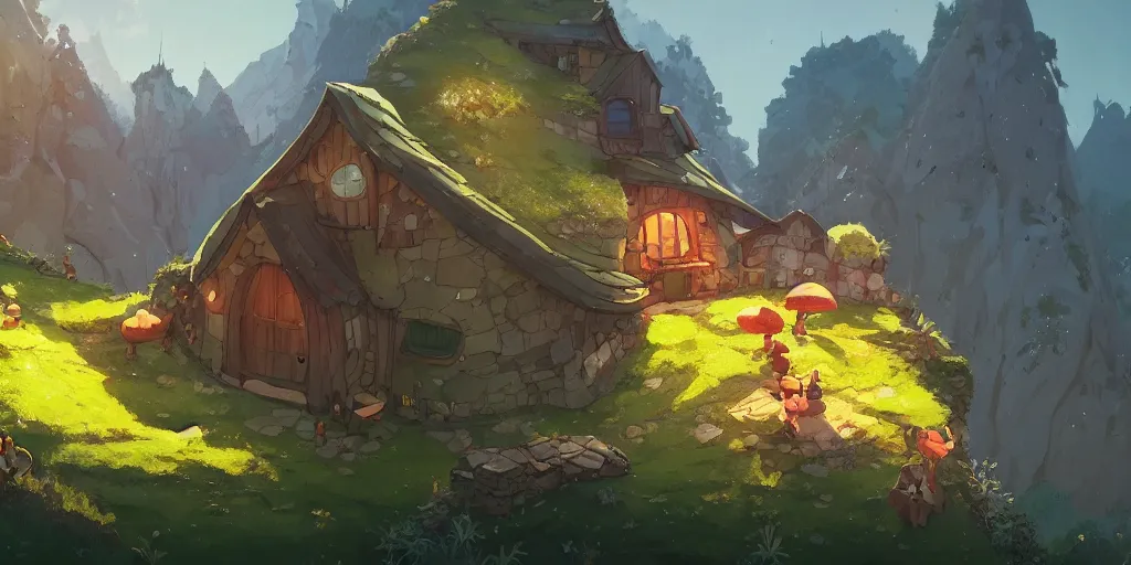 Image similar to magic hobbit mushrooms house in mountains, by cory loftis & akihiko yoshida & james gilleard & atey ghailan & makoto shinkai & goro fujita & studio ghibli, rim light, exquisite lighting, clear focus, magic atmosphere, very coherent, plain background, soft painting