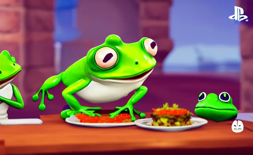 Prompt: ps 4 game about a cute frog chef, unity screenshot,