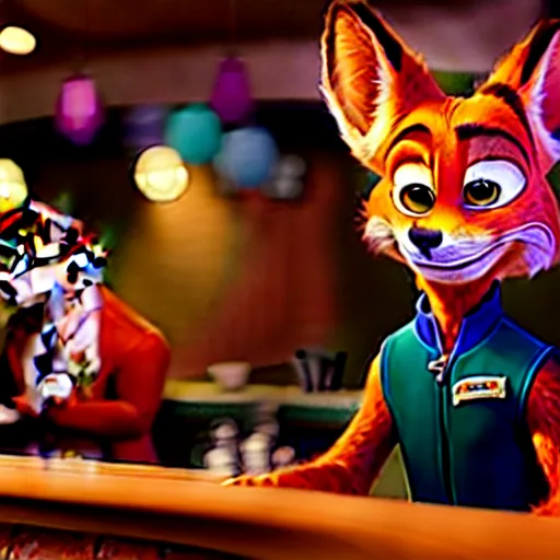 Image similar to Nick Wilde (from Zootopia) dressed in his usual outfit, sitting right across the bar from you.