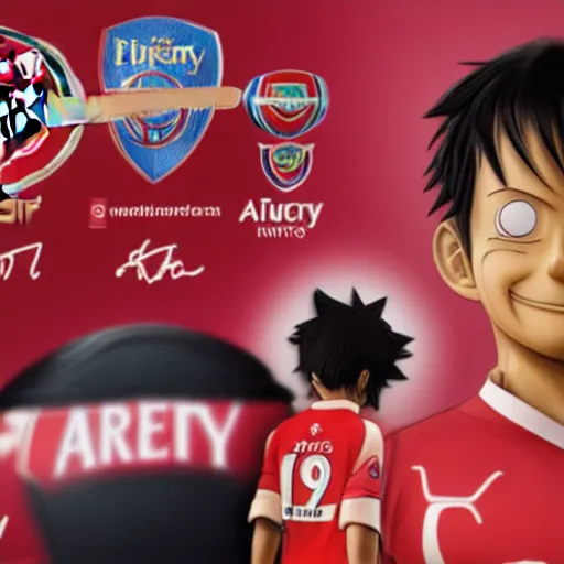 Image similar to Luffy signing for Arsenal, official, high detail, 4k, serious, studio lighting, epic, professional