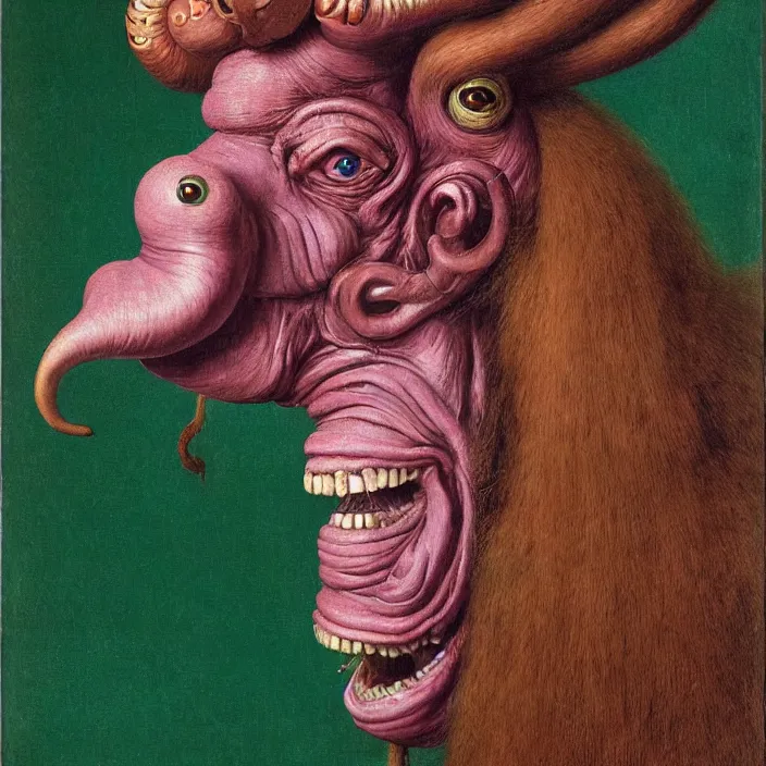 Prompt: close up portrait of a mutant monster creature with giant protruding eyes bulging out of their eye sockets, exotic orchid - like mouth, long colorful hair growing out of the nostrils, antelope horns. by jan van eyck, walton ford