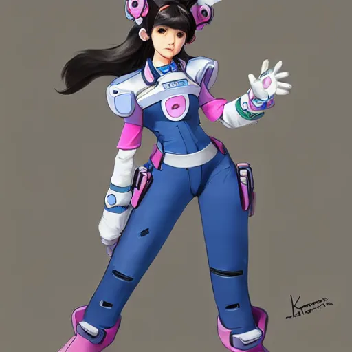 Prompt: D.VA from Overwatch wearing a police uniform by Kim Jung Gi, holding handcuffs in one hand Blizzard Concept Art Studio Ghibli. oil paint. 4k. by brom.