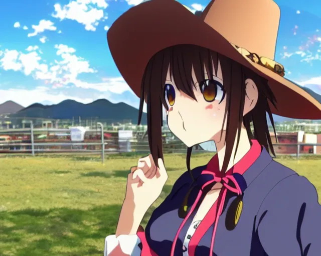 Prompt: anime cowgirl looking towards the sunset, Kyoto Animation Studio