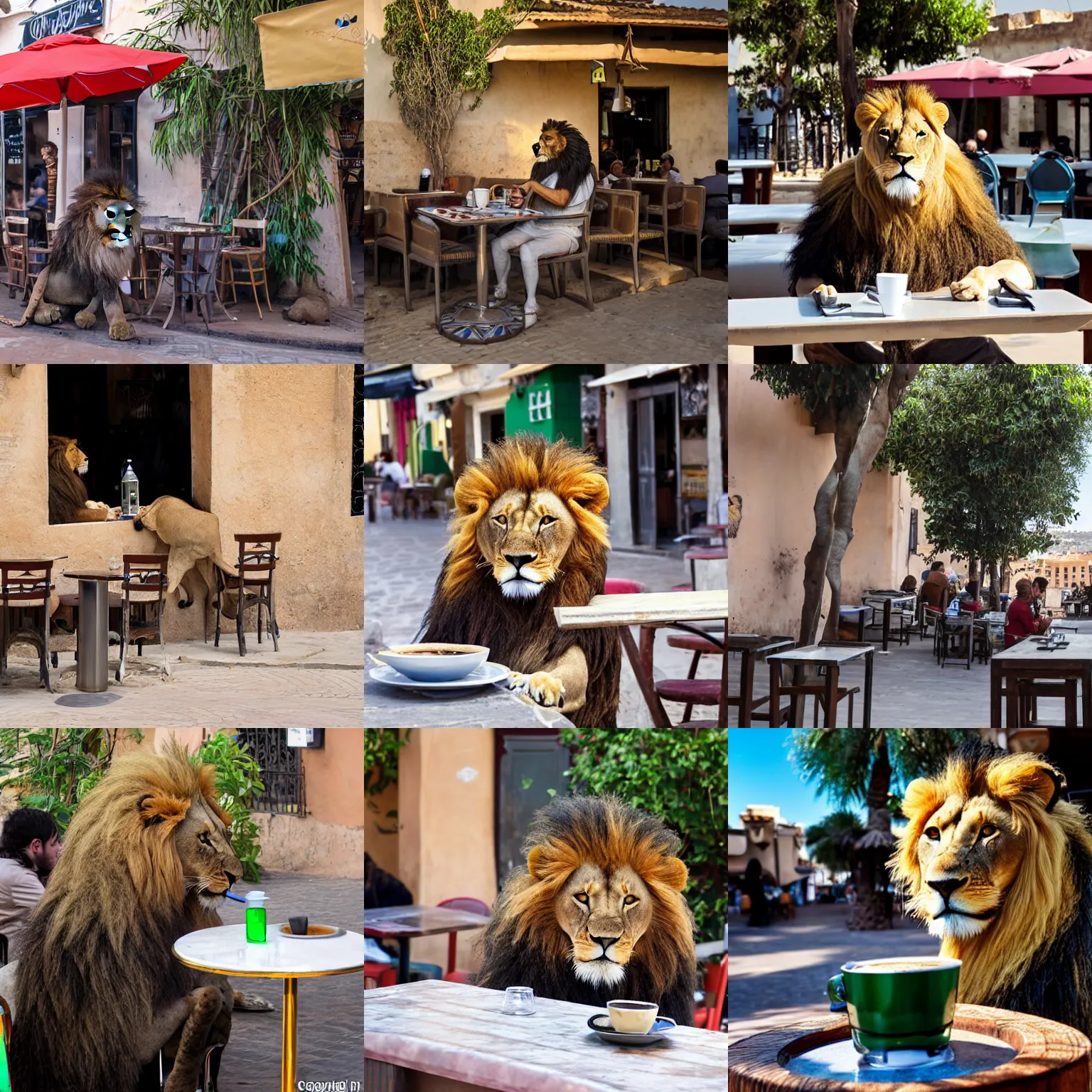 Prompt: A lion drinking coffee at table of an outdoor bar in Rabat.