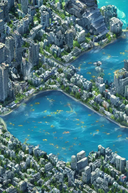 Image similar to ” marine life swimming around a huge city, overdetailed image, ultra realistic, 8 k ”