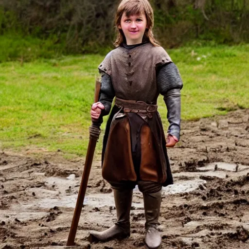 Image similar to Young medieval squire with medieval clothes. Standing in the mud. Face closeup. Hyper realistic photo.