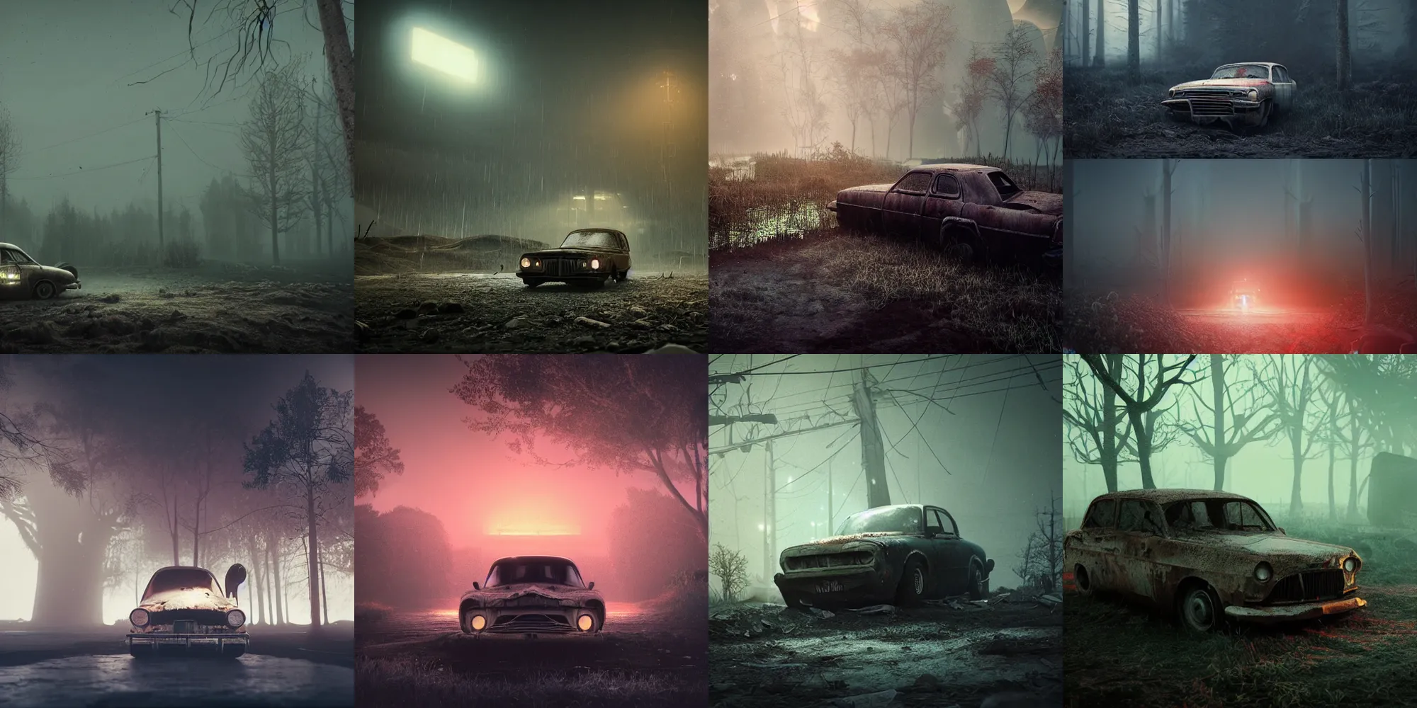 Prompt: beautiful dark creepy landscape, old abandoned car sinking, in the style of beeple and Mike Winkelmann, intricate, epic lighting, cinematic composition, hyper realistic, 8k resolution, unreal engine 5,