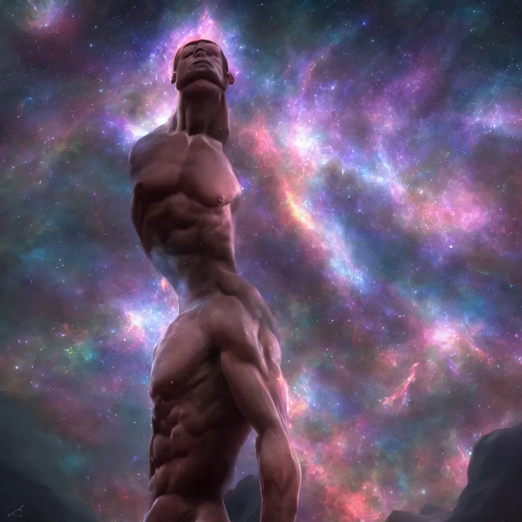 Prompt: cosmic mega giga chad, nebula in background,, details face, detailed body, unreal engine, by popular digital artist, digital, artstation, detailed body muscle, many muscle, heavenly atmosphere, digital art, overdetailed art, trending on artstation, cgstudio, the most beautiful image ever created, dramatic, award winning artwork, beautiful scenery
