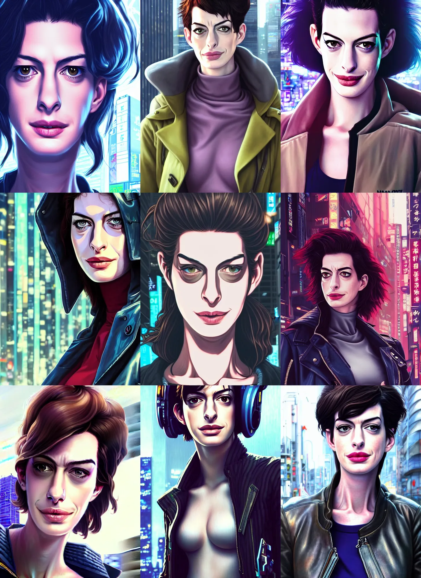 Prompt: very close up photo of anne hathaway in cyberpunk clothes, detailed face, in a tokyo street, trending on artstation, by dan mumford, yusuke murata, makoto shinkai, ross tran, cel shaded