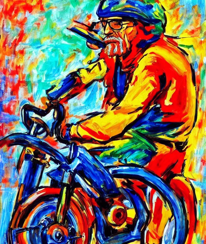 Image similar to expressionist painting of walter white on a motorbike, dynamic perspective, expressionist, colorful, clean