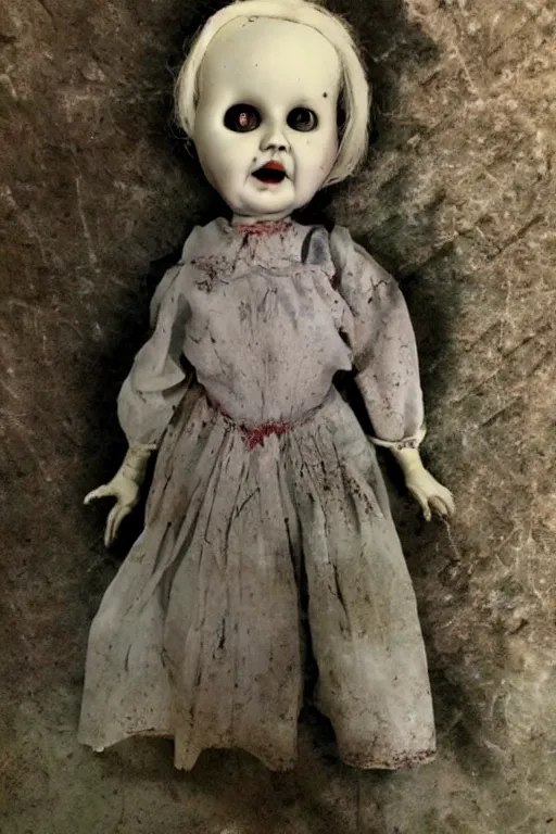 Image similar to creepy dirty cracked vintage doll in darkly lit dusty basement cobwebs blair witch style photo