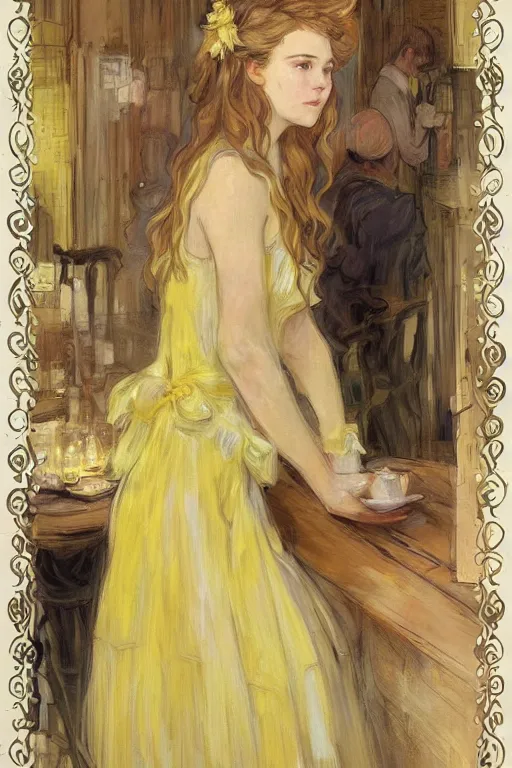 Image similar to A girl in a maid's outfit in a cafe a afternoon, wavy hair yellow theme,S line,45 angel by krenz cushart and mucha and monet and greg rutkowski