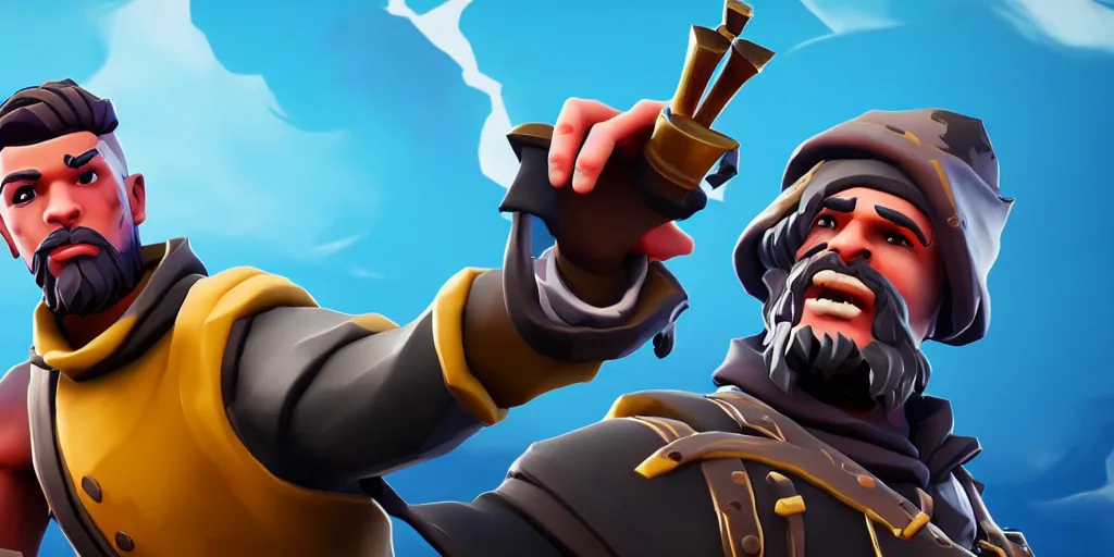 Image similar to selfie of a fortnite character in sea of thieves, sea of thieves screenshot, storm, unreal engine, digital art