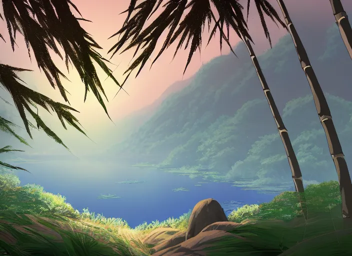 Image similar to deep in a misty japanese bamboo forest, lake foreground, mountain background, sunny, cartoony, stylized anime, sun rays, soft, moody lighting, by hayao miyazaki, ghibli studio, makoto shinkai, toei animation, studio trigger, trending on artstation, 4 k, hd