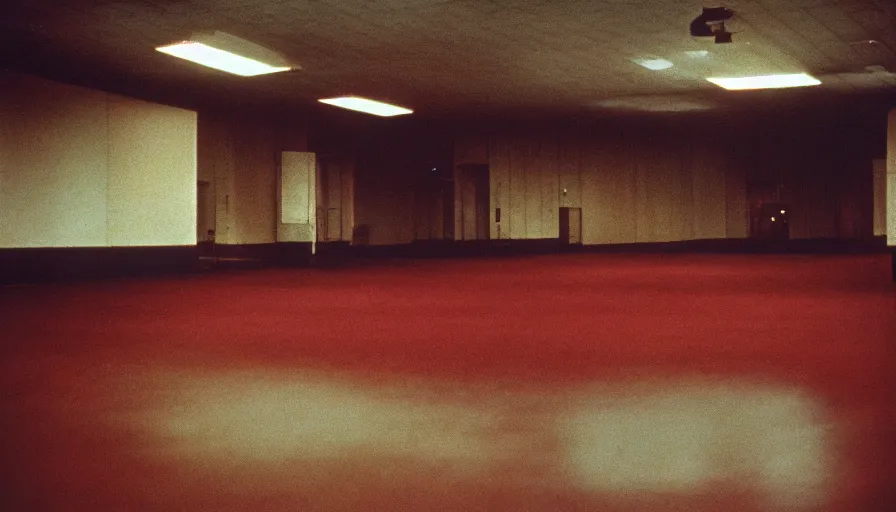 Prompt: 60s movie still of a sovietic stalinist style empty ballroom, cinestill 800t 50mm eastmancolor, liminal Space style, heavy grain-s 150