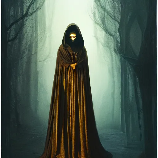Image similar to a portrait of a young woman wearing a long dark cloak, hood and shadows covering face, holding golden chains, oil painting, Volumetric Golden dappled dynamic lighting, Highly Detailed, Cinematic Lighting, Unreal Engine, 8k, HD, by Beksinski