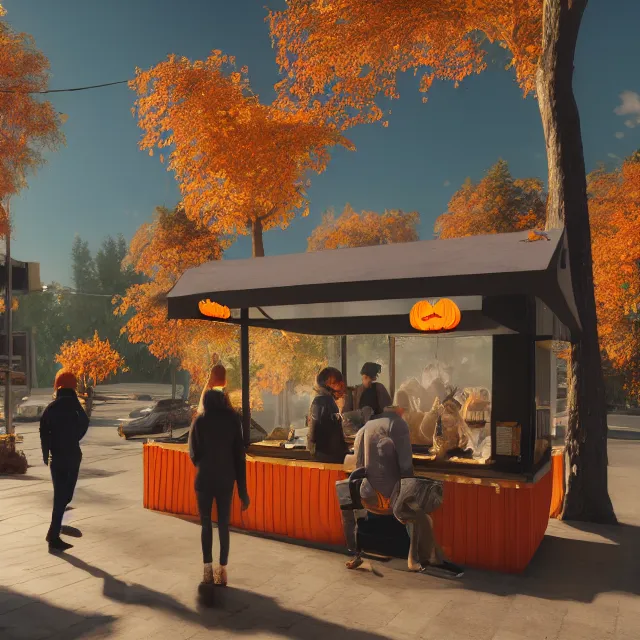 Image similar to pumpkin headed people ordering coffee at a coffee stand, red maple trees with fall foliage, volumetric, realistic, cinematic lighting, ray tracing, unreal engine 5, octane render, hyper realistic, photo, 8 k