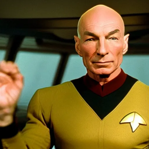 Image similar to muscular captain Picard in starfleet uniform on the bridge of the USS Enterprise