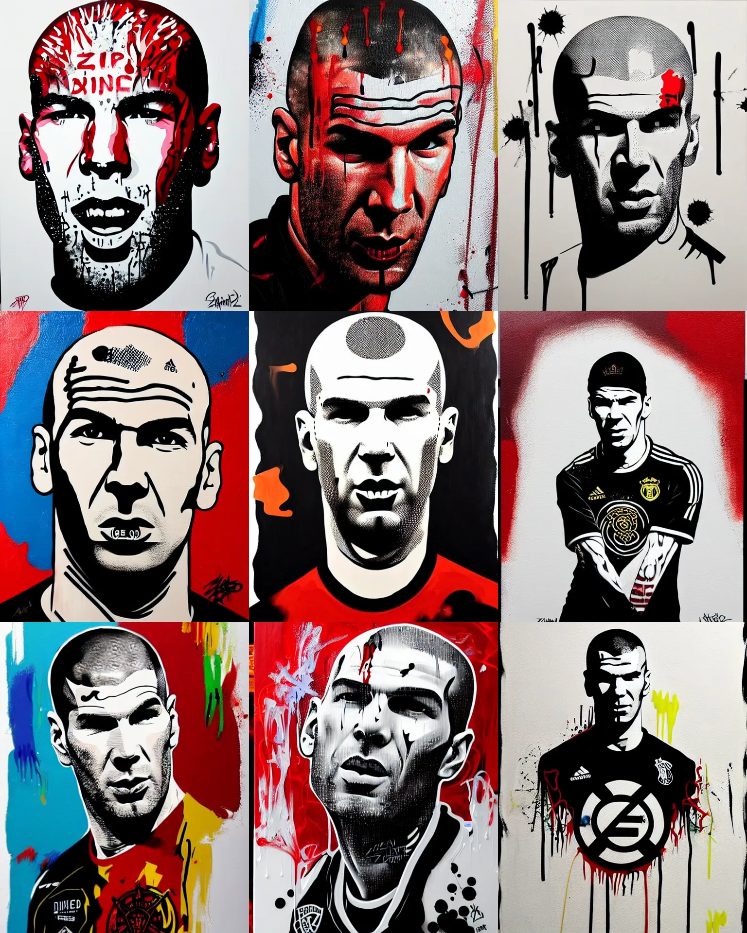 Prompt: zinedine zidane, drip painting, graffiti, highly detailed, simple, no jagged lines, smooth, artstation, centered artwork by shepard fairey